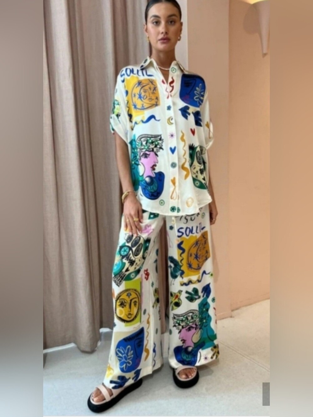 Commense White Multicolor Abstract Print Button-Up Top & Wide Leg Pants Set
